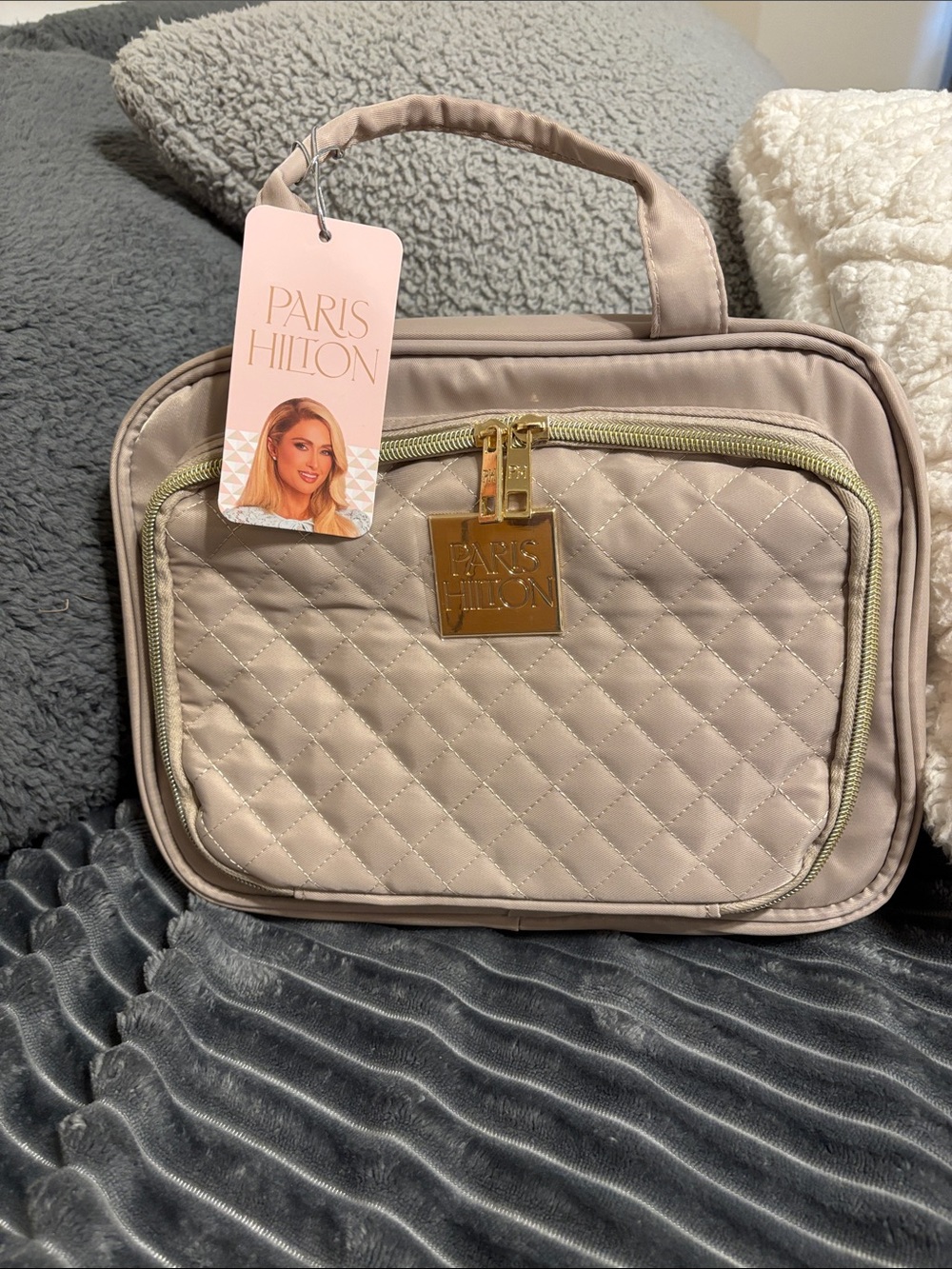 Paris Hilton Quilted HangingCosmetic Travel Bag - Light Beige w/ Gold Hardware